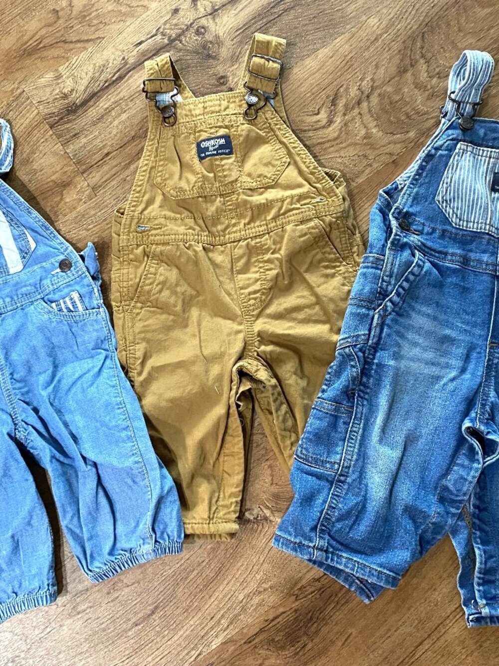 Lot of 3 OSHKOSH Overalls Blue/Stripes/Brown-6-9 Months